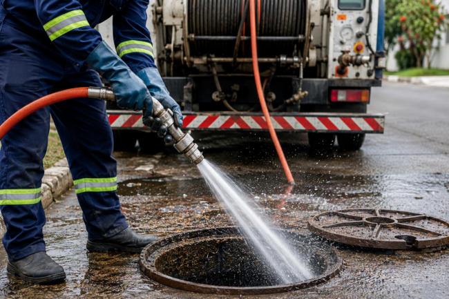 equipamento de hidrojateamento realizando limpeza de tubulação e rede de esgoto