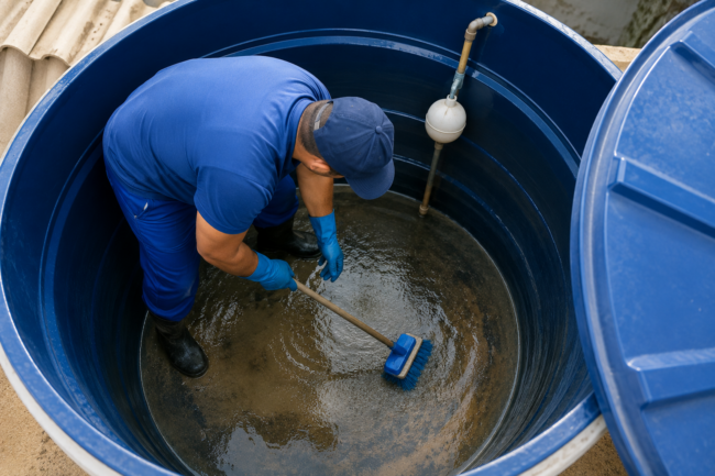 Profissional realizando limpeza e higienização de caixa d'água para garantir água limpa e segura em residência.