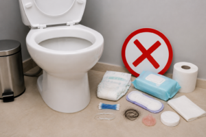 Vaso sanitário com objetos inadequados ao lado, ilustrando materiais que podem causar entupimentos na tubulação.