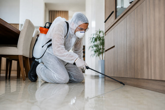 Profissional aplicando dedetização em ambiente residencial para eliminar pragas urbanas e proteger a casa contra novas infestações.