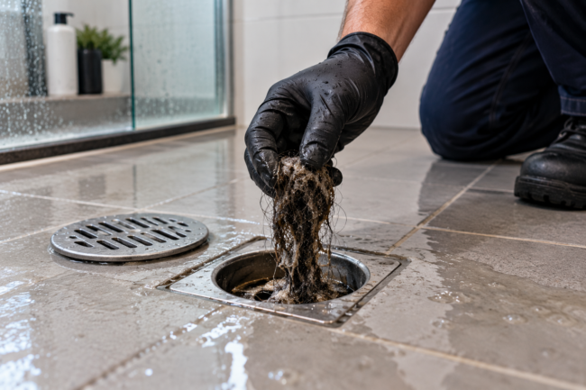 Ralo de banheiro entupido com água acumulada e resíduos, mostrando um problema de obstrução na tubulação.